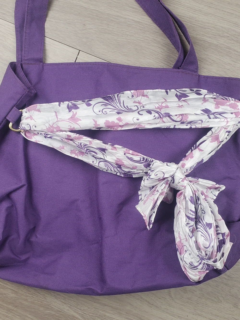Purple Canvas Tote Bag Floral Scarf Accent Shoulder Bag Large Everyday Purse - Picture 2 of 8